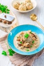 Homemade Bavarian bread dumpling with creamed mushroom sauce