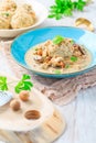 Homemade Bavarian bread dumpling with creamed mushroom sauce