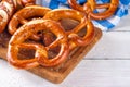 Homemade bavarian pretzels on kitchen table