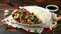 Homemade Beef and Broccoli with Rice and herbs on wooden table