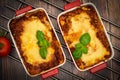 Homemade beef lasagne on a tray