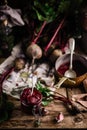 Homemade beet ketchup in a glass jar. Rustic style Royalty Free Stock Photo