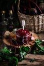 Homemade beet ketchup in a glass jar. Rustic style Royalty Free Stock Photo