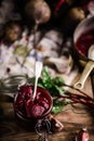 Homemade beet ketchup in a glass jar. Rustic style Royalty Free Stock Photo