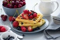 Homemade belgian waffles with berries on gray table. Healthy breakfast concept Royalty Free Stock Photo
