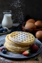 Homemade belgian waffles with blueberry and strawberry, pouring icing sugar topping on pancake. Royalty Free Stock Photo