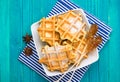 Homemade belgian waffles with sugar powder