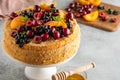 Homemade berries and cream sponge layer cake, tasty summer tea-time treat. Copy space Royalty Free Stock Photo