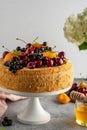 Homemade berries and cream sponge layer cake, tasty summer tea-time treat. Copy space Royalty Free Stock Photo
