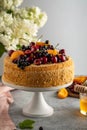 Homemade berries and cream sponge layer cake, tasty summer tea-time treat. Copy space Royalty Free Stock Photo