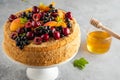Homemade berries and cream sponge layer cake, tasty summer tea-time treat. Copy space. Royalty Free Stock Photo