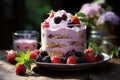 Homemade berry cheesecake, strawberry pie with seasonal summer berries. Food summer still life.