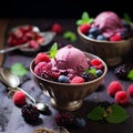 Homemade berry ice cream in bowl with fresh berries on the table. Royalty Free Stock Photo