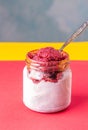 Homemade bilberry bluebrry fruit sorbet granita in hoarfrost glass jar on red yellow blue background. summer dessert, sweet snack Royalty Free Stock Photo