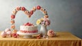 Homemade birthday cake, beatiful flowers on a yellow tablecloth on the table.