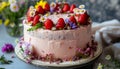 Homemade birthday cake with strawberry icing, fresh flowers decoration