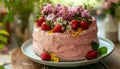 Homemade birthday cake with strawberry icing, fresh flowers decoration