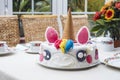 Homemade birthday cake unicorn on a table