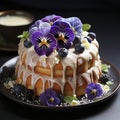 Homemade biscuit cake covered with cream icing decorated with fresh flowers.