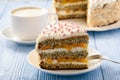 Homemade bisquit cake with whipped cream and peaches. Royalty Free Stock Photo