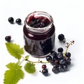 Homemade black currant preserves or jam in a glass jar surrounded by fresh berries Royalty Free Stock Photo