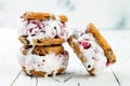 Homemade Black Forest roasted cherry ice cream sandwiches with chocolate chip cookies. Royalty Free Stock Photo