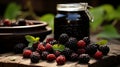 Homemade blackberry jam in a rustic mason jar with fresh berries and a wooden spreader