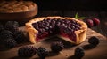 Homemade blackberry pie. Sweet pie with blackberry on rustic wooden table