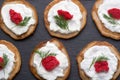 Homemade blinis with sour cream and red caviar