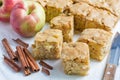 Homemade blondie (blonde) brownies apple cake, square slices on parchment