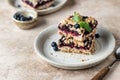 Homemade blueberry crumble bars on a plate decorated with mint on beige. Healthy breakfast composition, text space Royalty Free Stock Photo