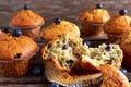 Homemade Blueberry Muffins with fresh berries on wooden table. Royalty Free Stock Photo