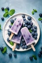 Homemade blueberry yogurt popsicles on a plate with ice and fresh berries, generative AI