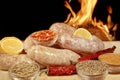 Homemade Bratwurst Sausage in fire background XXXL