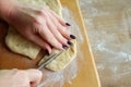 Homemade bread baking. Closeup woman hands kneading The Dough. Beautiful, cook. Dough for pizza or bread Royalty Free Stock Photo