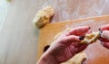 Homemade bread baking. Closeup woman hands kneading The Dough. Beautiful, cook. Dough for pizza or bread Royalty Free Stock Photo