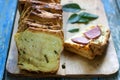 Homemade bread with cheese, salami and herbs