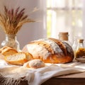 Homemade bread closeup on tables