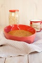 homemade bread with green buckwheat. Glutenfree golden brown crust on wooden table. Healthy recipe