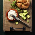 Homemade bread loaf and fresh ingredients for making vegetarian Royalty Free Stock Photo