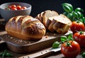 Homemade bread (rye and wheat) with tomatoes, healthy breakfast or snack on a wooden table, Royalty Free Stock Photo