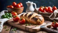 Homemade bread (rye and wheat) with tomatoes, healthy breakfast or snack on a wooden table, Royalty Free Stock Photo