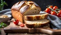 Homemade bread (rye and wheat) with tomatoes, healthy breakfast or snack on a wooden table, Royalty Free Stock Photo