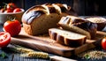 Homemade bread (rye and wheat) with tomatoes, healthy breakfast or snack on a wooden table, Royalty Free Stock Photo