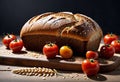 Homemade bread (rye and wheat) with tomatoes, healthy breakfast or snack on a wooden table, Royalty Free Stock Photo