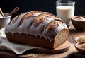 Homemade bread (rye and wheat) with tomatoes, healthy breakfast or snack on a wooden table, Royalty Free Stock Photo