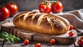 Homemade bread (rye and wheat) with tomatoes, healthy breakfast or snack on a wooden table, Royalty Free Stock Photo