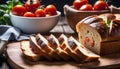 Homemade bread (rye and wheat) with tomatoes, healthy breakfast or snack on a wooden table, Royalty Free Stock Photo