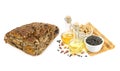 Homemade bread with sunflower seeds, peanuts, dried fruits and vegetable oils isolated on a white background. Collage Royalty Free Stock Photo