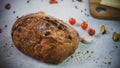 homemade bread vegetables with fresh organic fruits and vegetable food healthy diet rustic farmhouse style Royalty Free Stock Photo